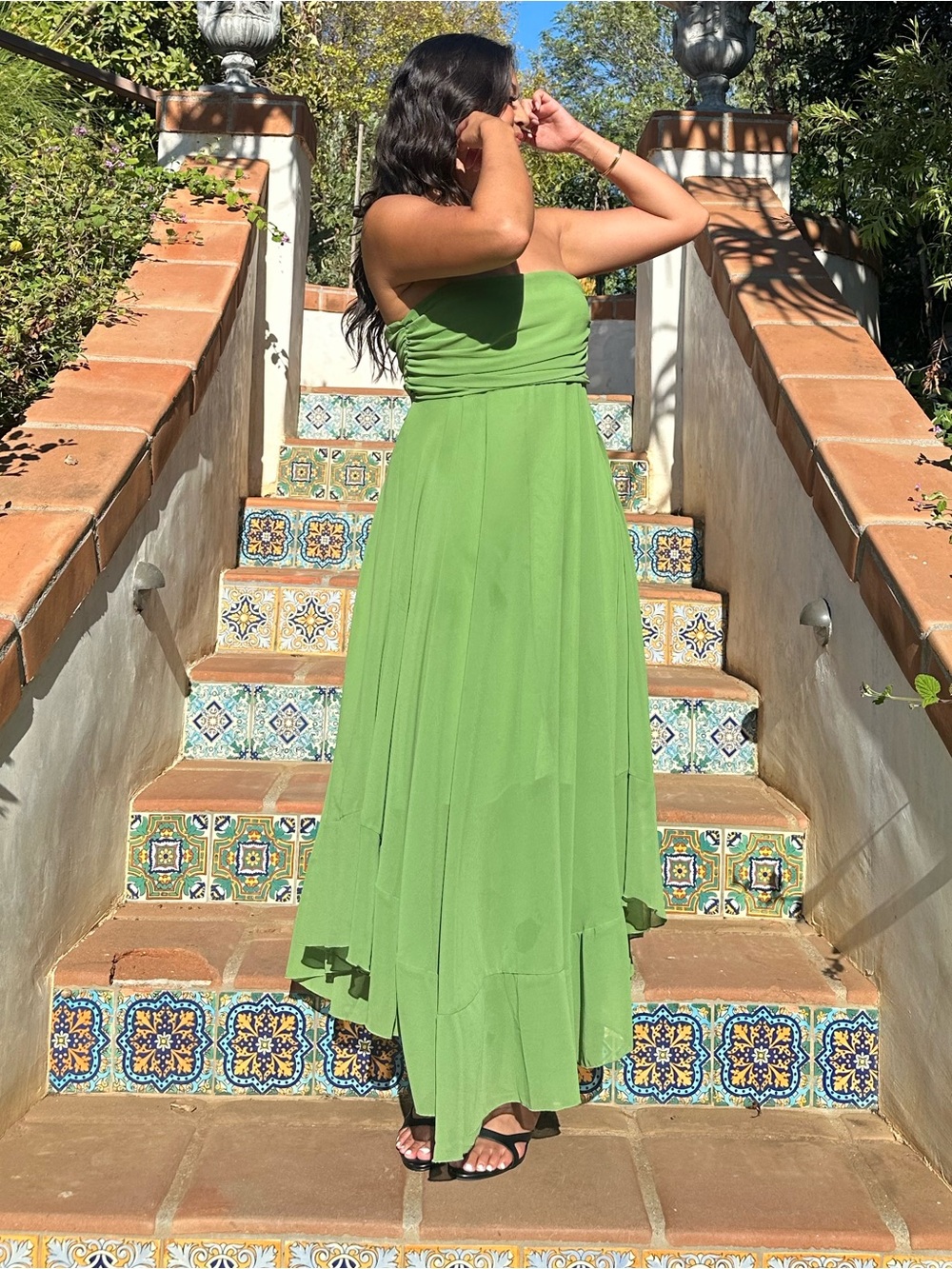 Green Sleeveless Maxi Dress with Flowy Skirt tiered
